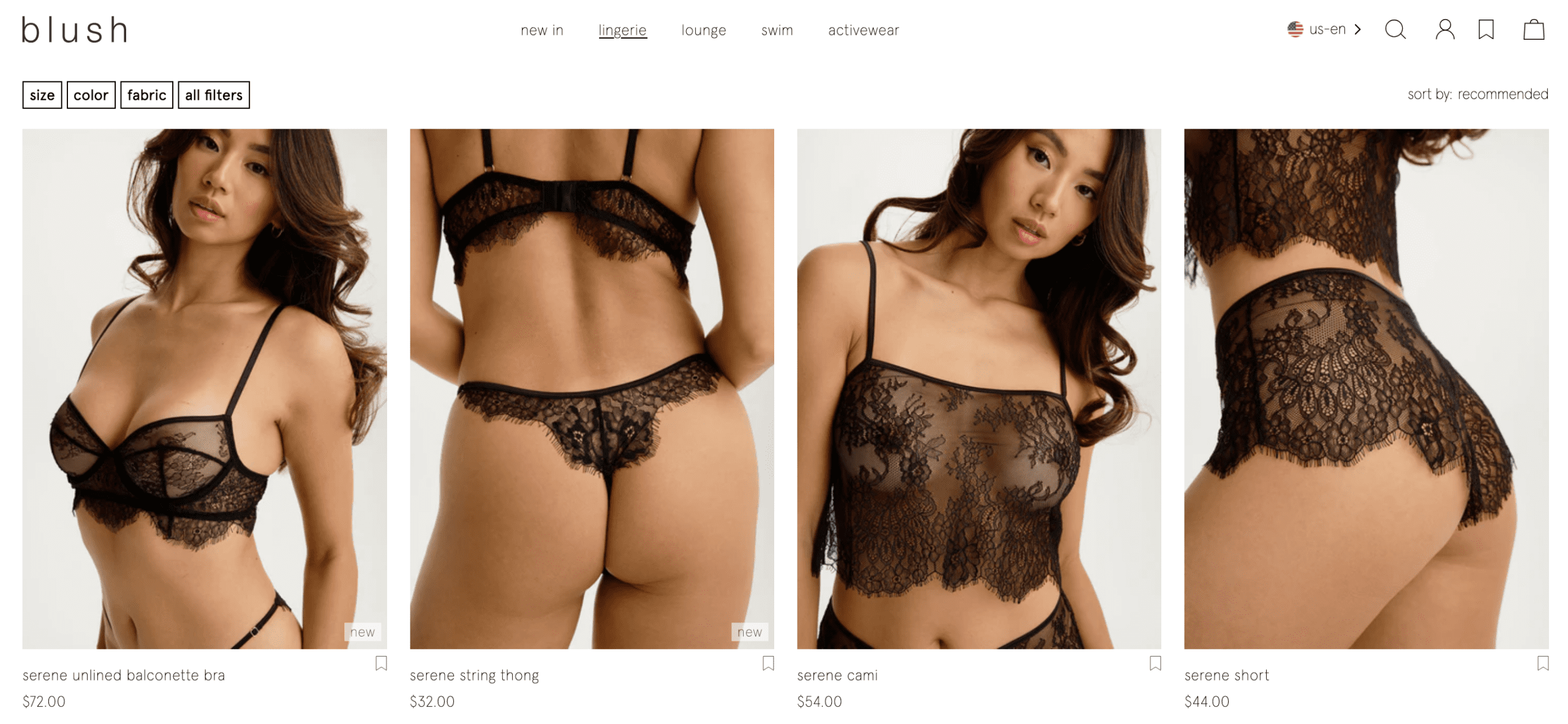 Screenshot of lingerie shop