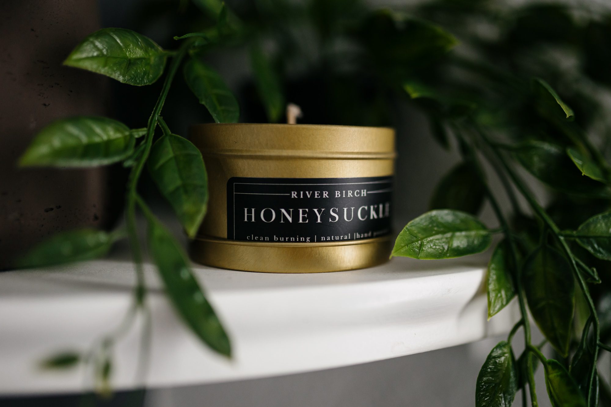 Honeysuckle candle with green vines on either side