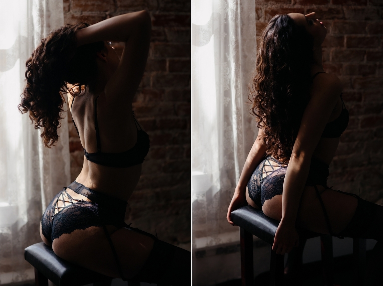 Side-by-side images of boudoir client on barstool facing forwards