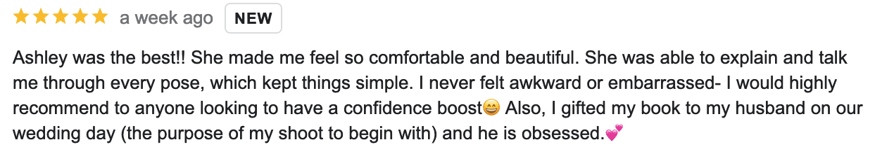 Screenshot of review for Denver boudoir photographer Ashley Kidder