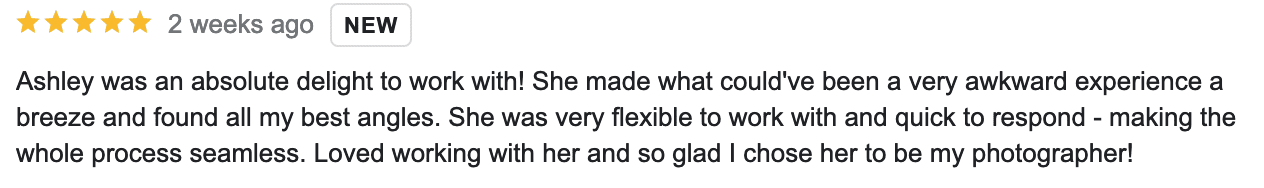 Screenshot of review for Denver boudoir photographer Ashley Kidder