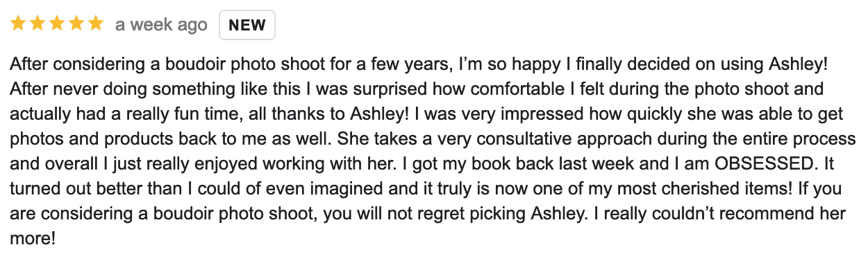 Screenshot of Denver boudoir client feedback Google review
