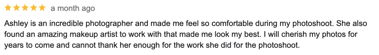 Screenshot of Denver boudoir client feedback Google review