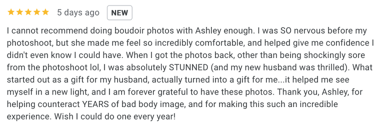 Screenshot of 5-star Denver boudoir photography review