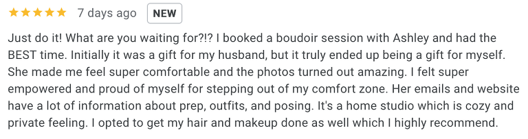 Screenshot of 5-star Denver boudoir photography review