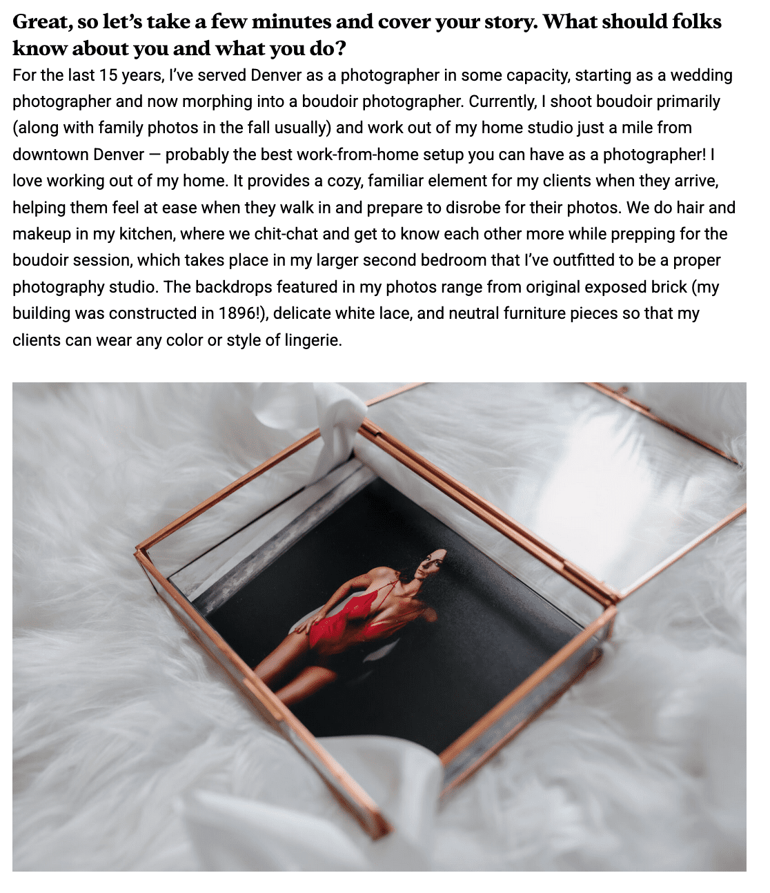 Screenshot of online article about Denver boudoir photographer Ashley Kidder