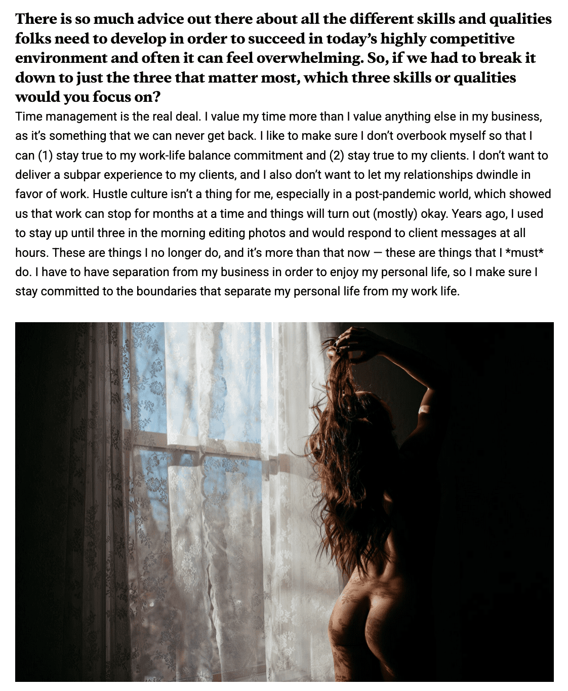 Screenshot of online article about Denver boudoir photographer Ashley Kidder